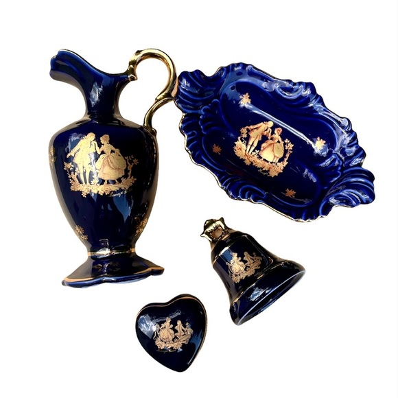 4 piece Limoges Castel France 22k Gold Cobalt Blue & Gold